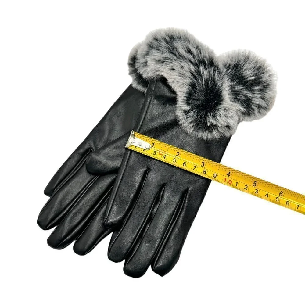 NWT Women's Winter Gloves Sz. M Black Faux Leather Fleece Lined Fur Cuff